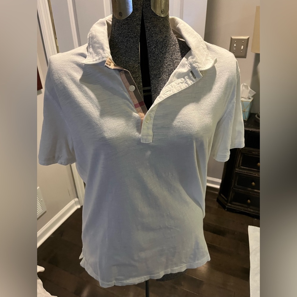 MENS white collared Burberry shirt, Burberry design accents